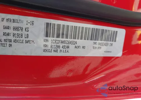 2016 Dodge Dart Se z USA, uszkodzony, nr VIN 1C3CDFAA9GD645524